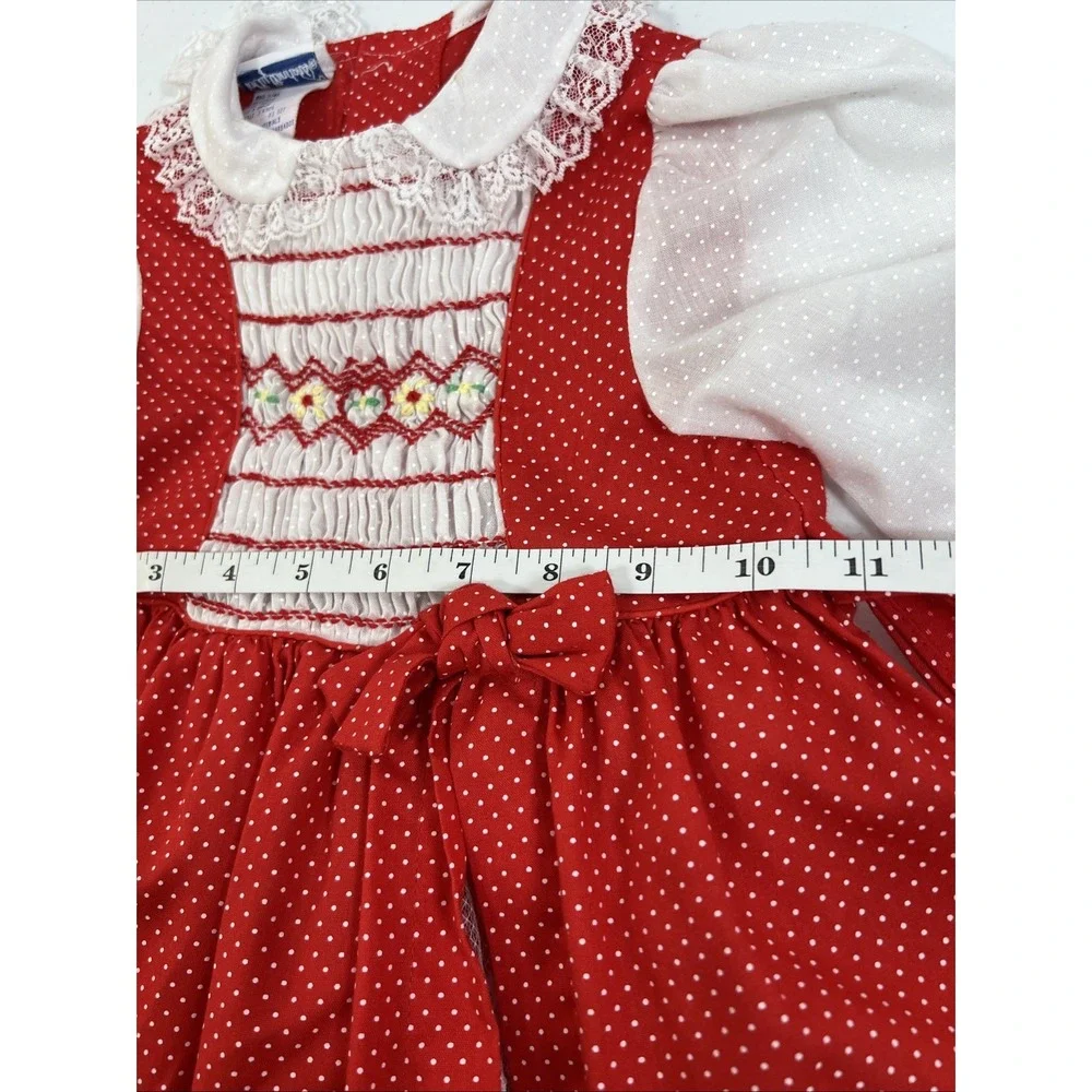 Vintage Polly Flinders Girls Red & White Polka-Dot Lace Smocked Dress Size 3T